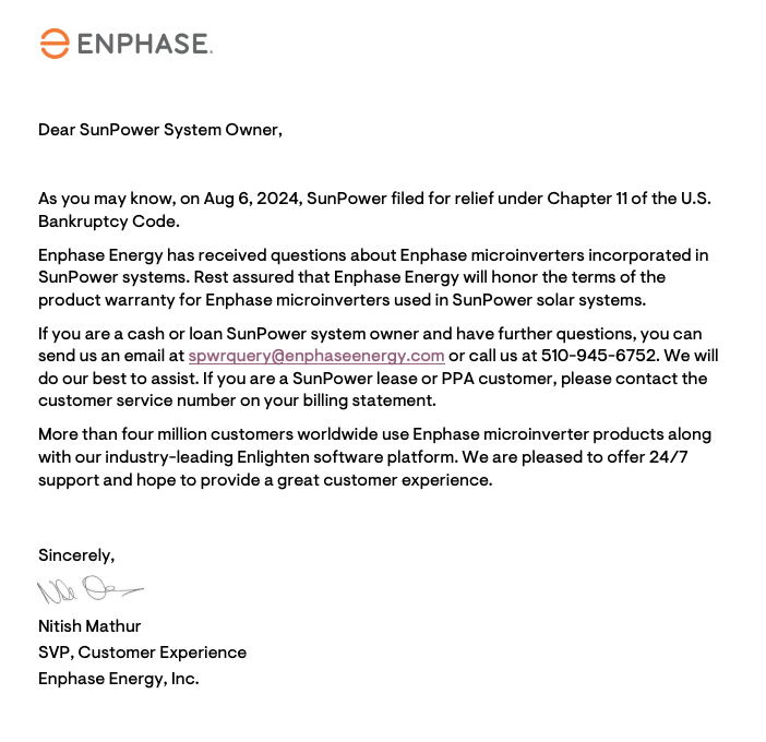 Letter to SunPower System Owners